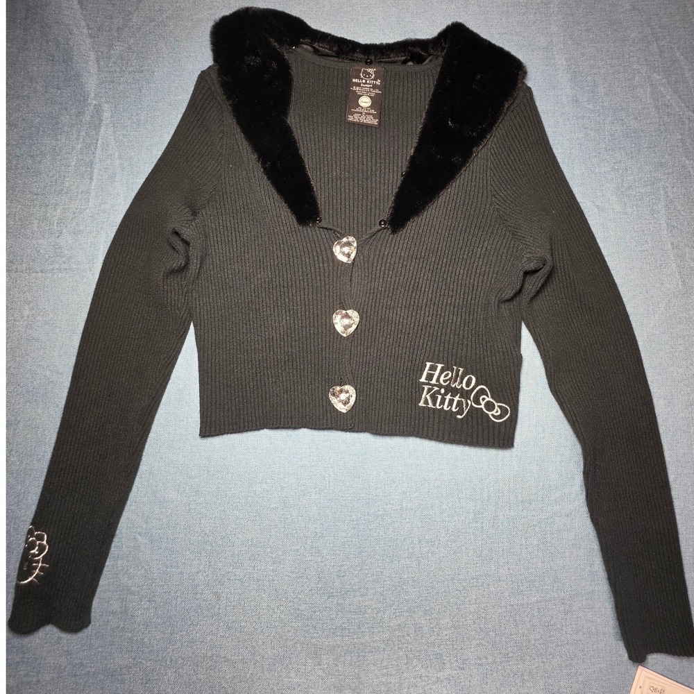 Hello Kitty Sanrio Black Ribbed Cardigan Detachable Faux Fur Collar XL, NWT
